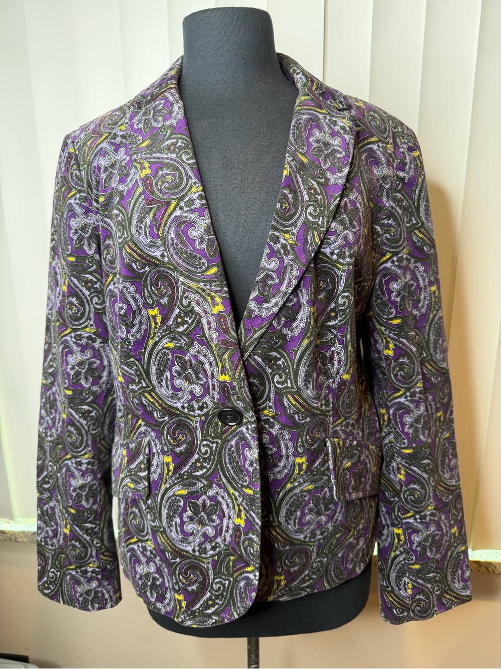 Talbots Velvet Paisley Blazer Purple Black Yellow Lined Cotton Stretch SZ 1X